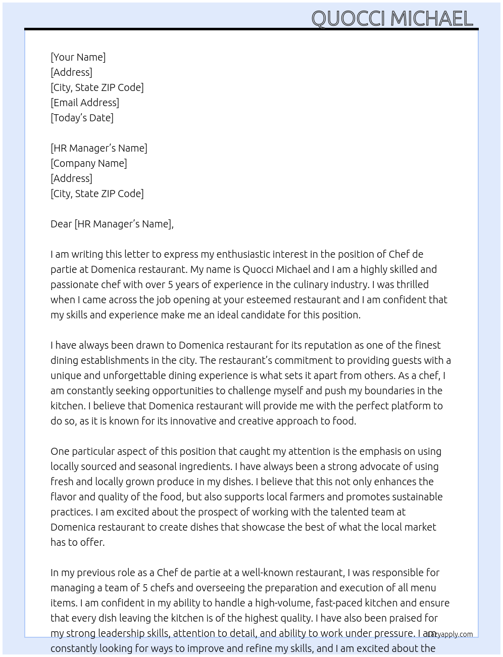 Chef de partie At Domenica restaurant Cover Letter