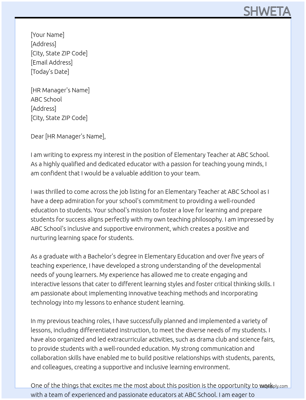 Elementary Teacher At ABC School Cover Letter