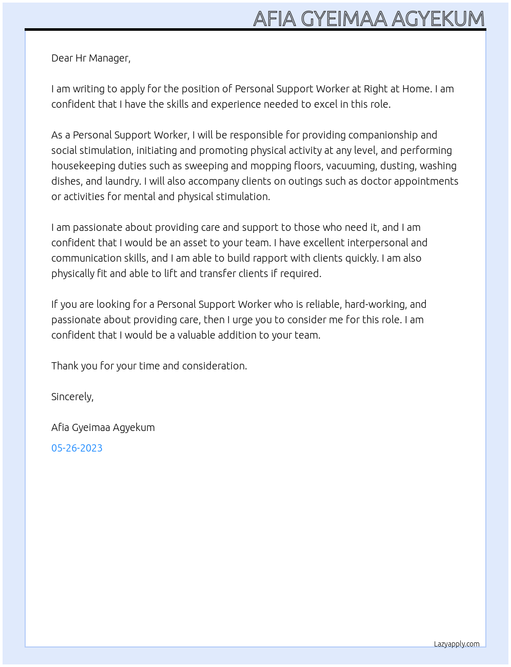 Personal Support Worker At Right at Home Cover Letter
