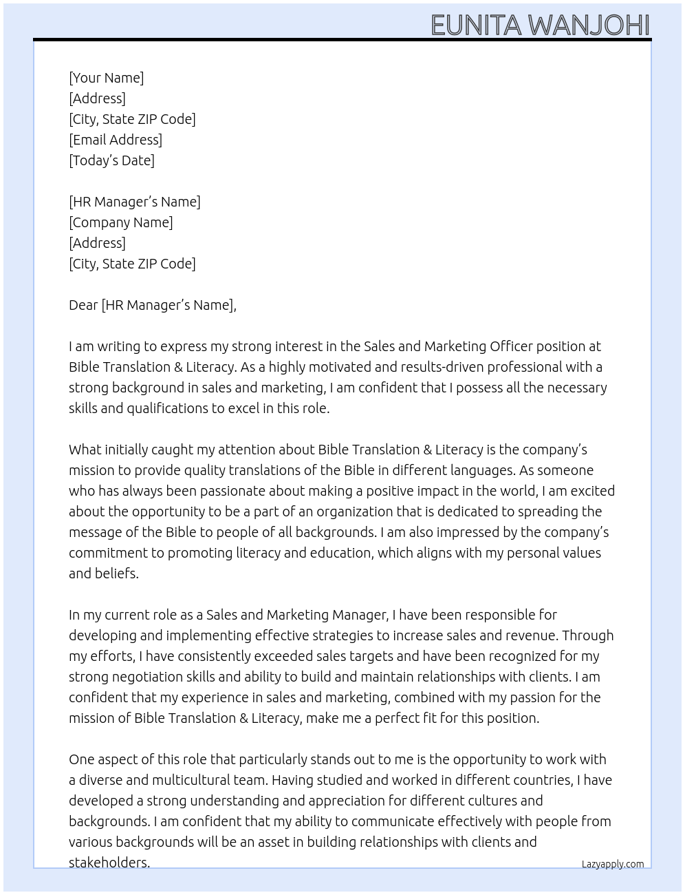 Sales and Marketing Officer At Bible Translation & Literacy Cover Letter