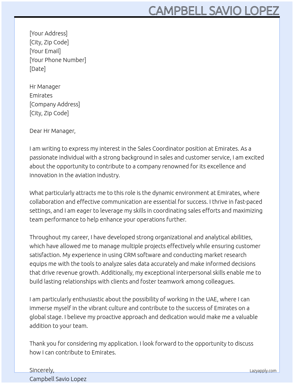 Sales coordinator  At Emirates  Cover Letter