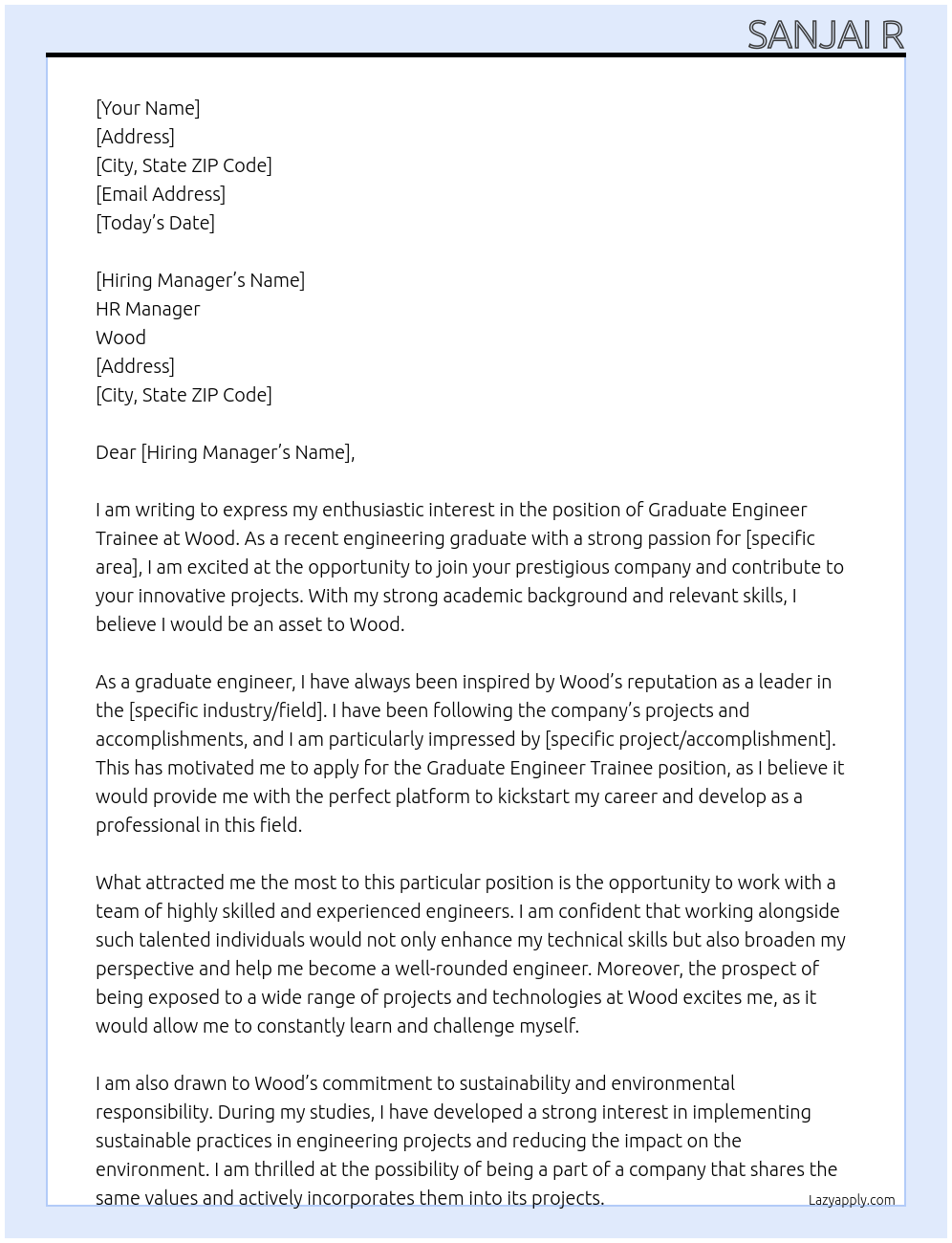 Graduate engineer trainee At Wood Cover Letter