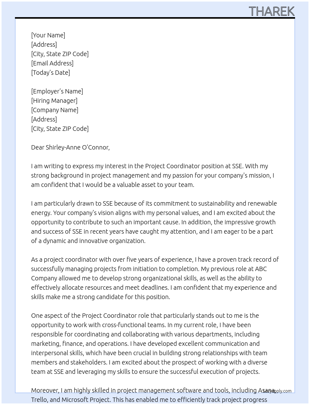 Project Coordinator  At sse Cover Letter