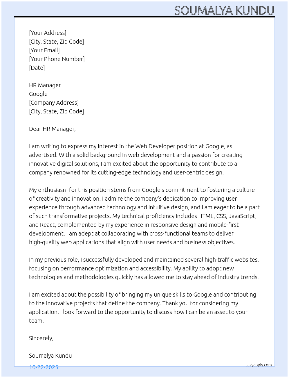 Cover letter for web developer - LazyApply