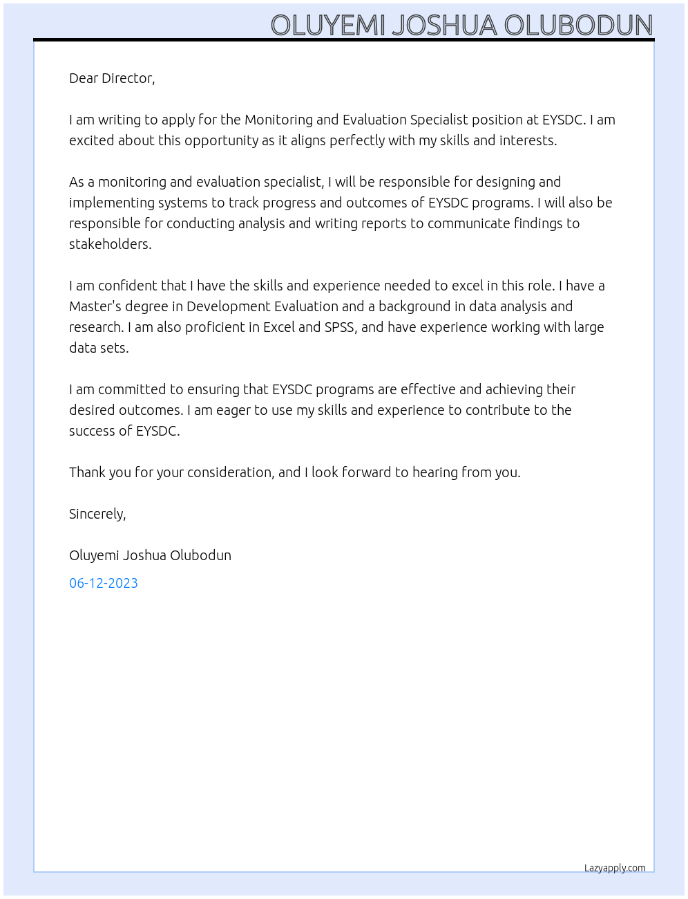 Monitoring and evaluation specialist At EYSDC, Ouagadougou, Burkina Faso Cover Letter