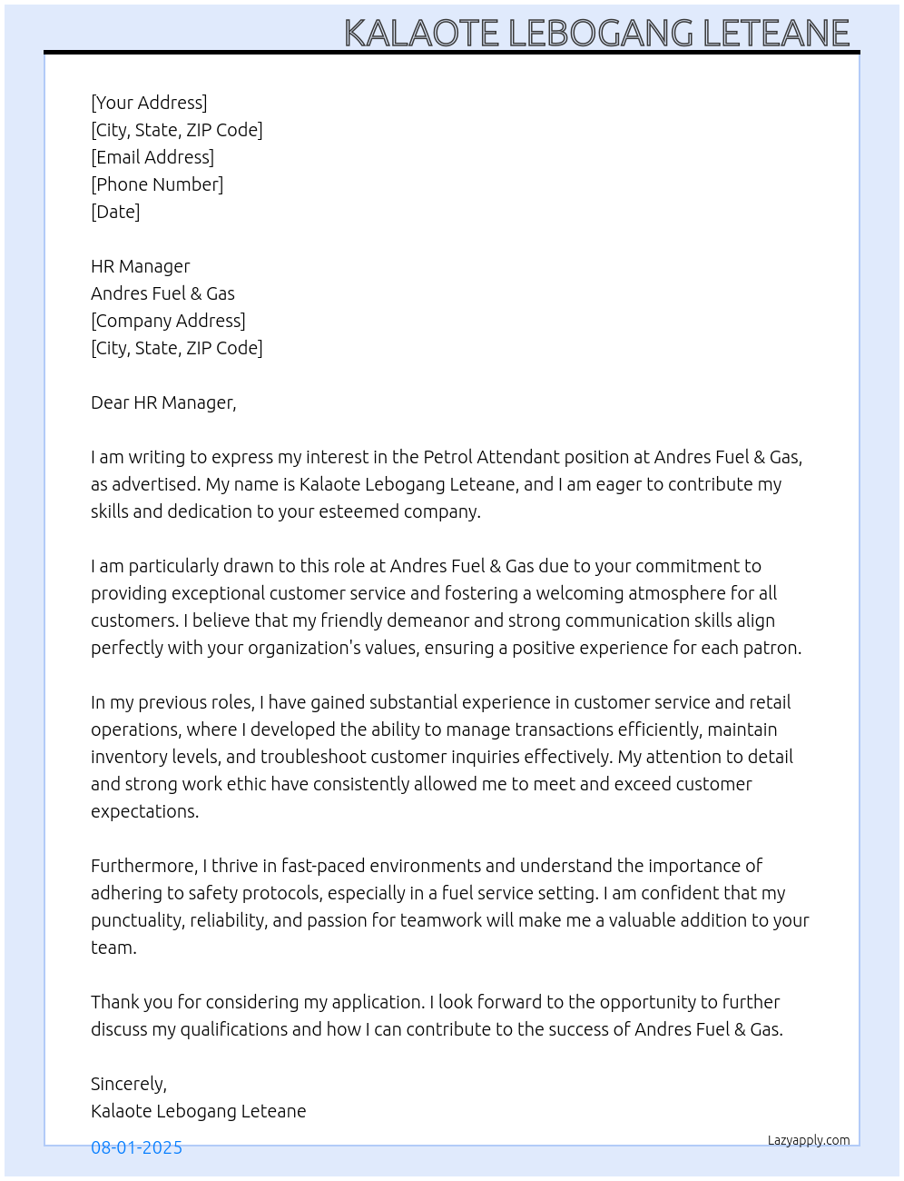 Cover letter for petrol attendant - LazyApply