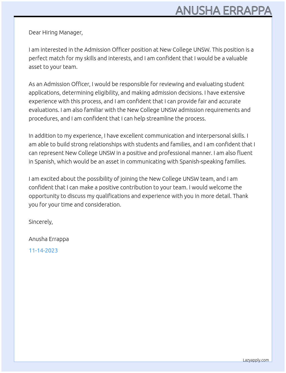 Admission officer At New College UNSW Cover Letter