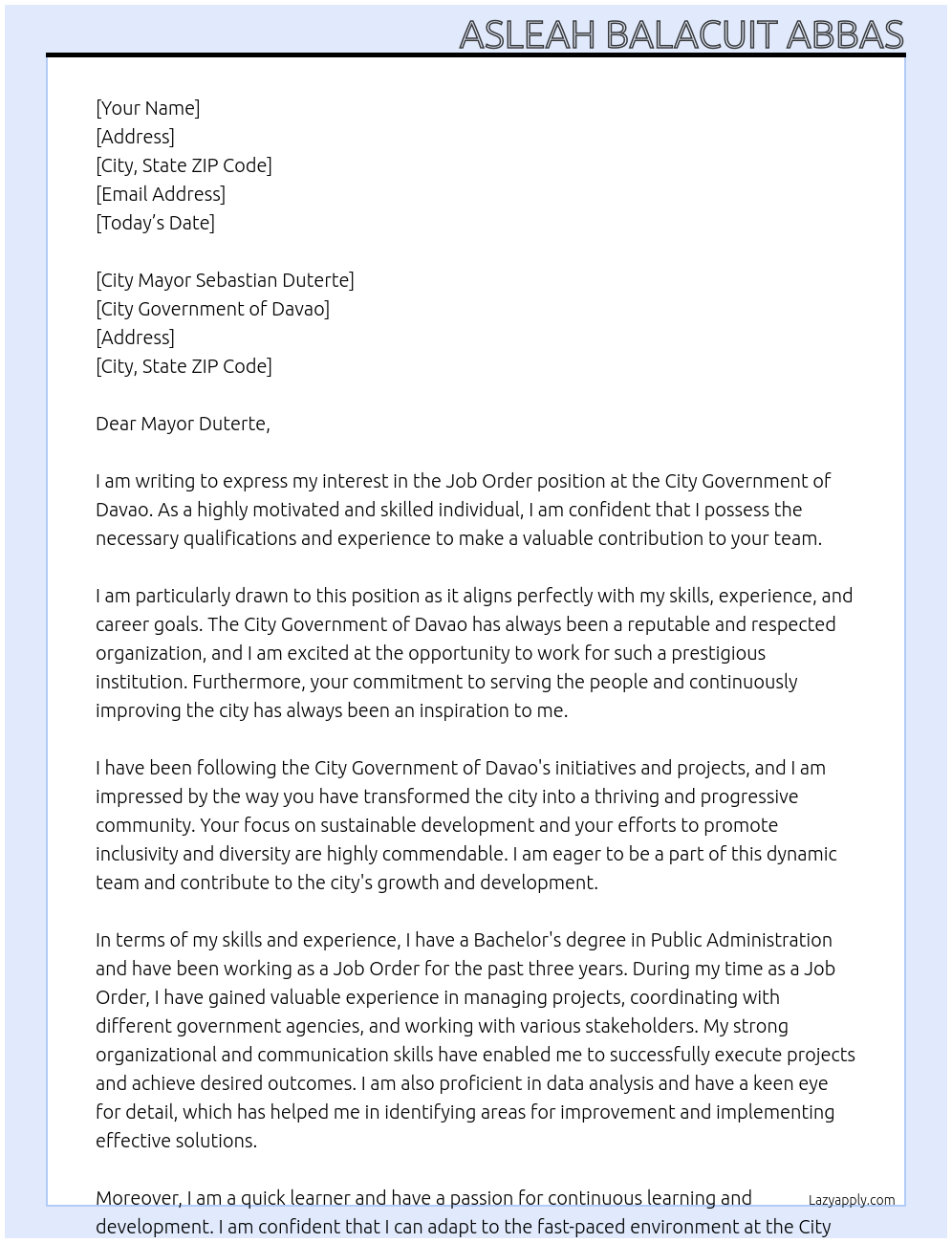 Job Order At CITY GOVERNMENT OF DAVAO Cover Letter