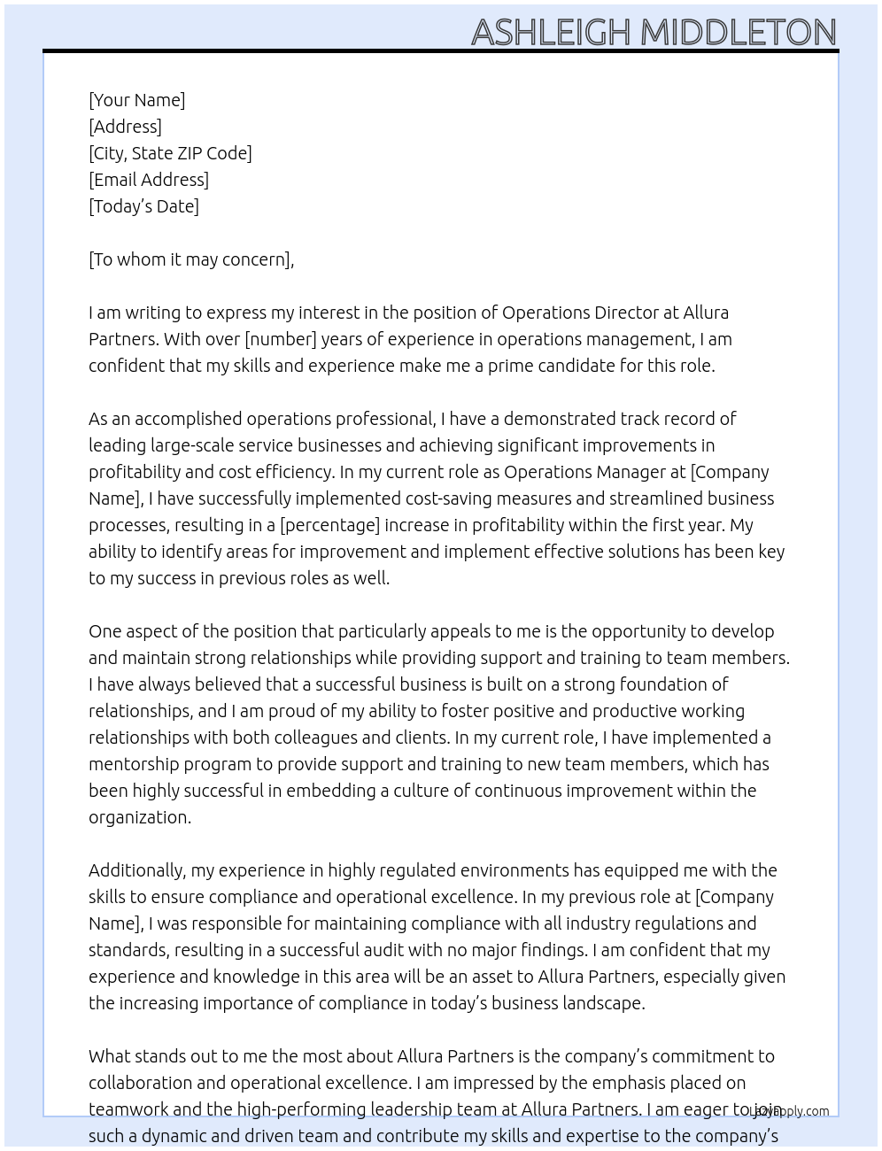 Operations Director At Allura Partners Cover Letter