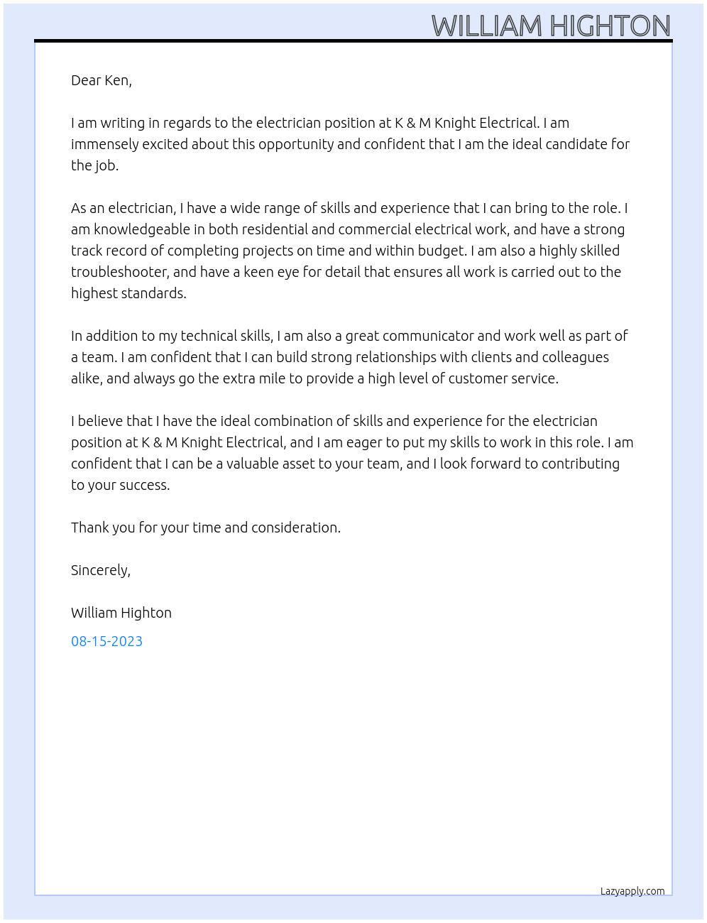 Electrican At K & M Knight Electrical Cover Letter
