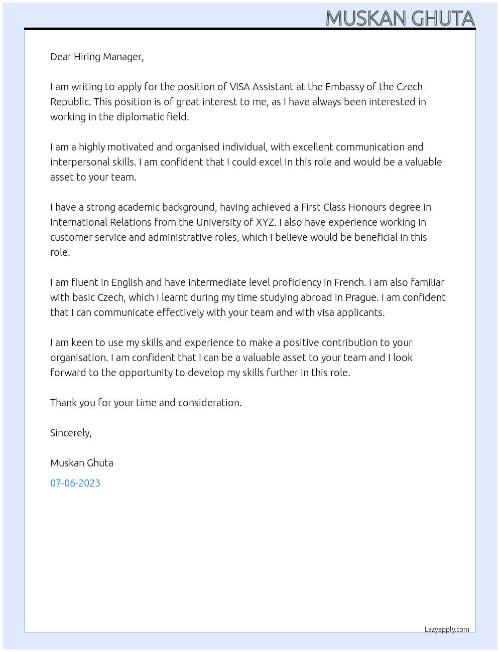 VISA Assistant  At Embassy of the Czech Republic Cover Letter