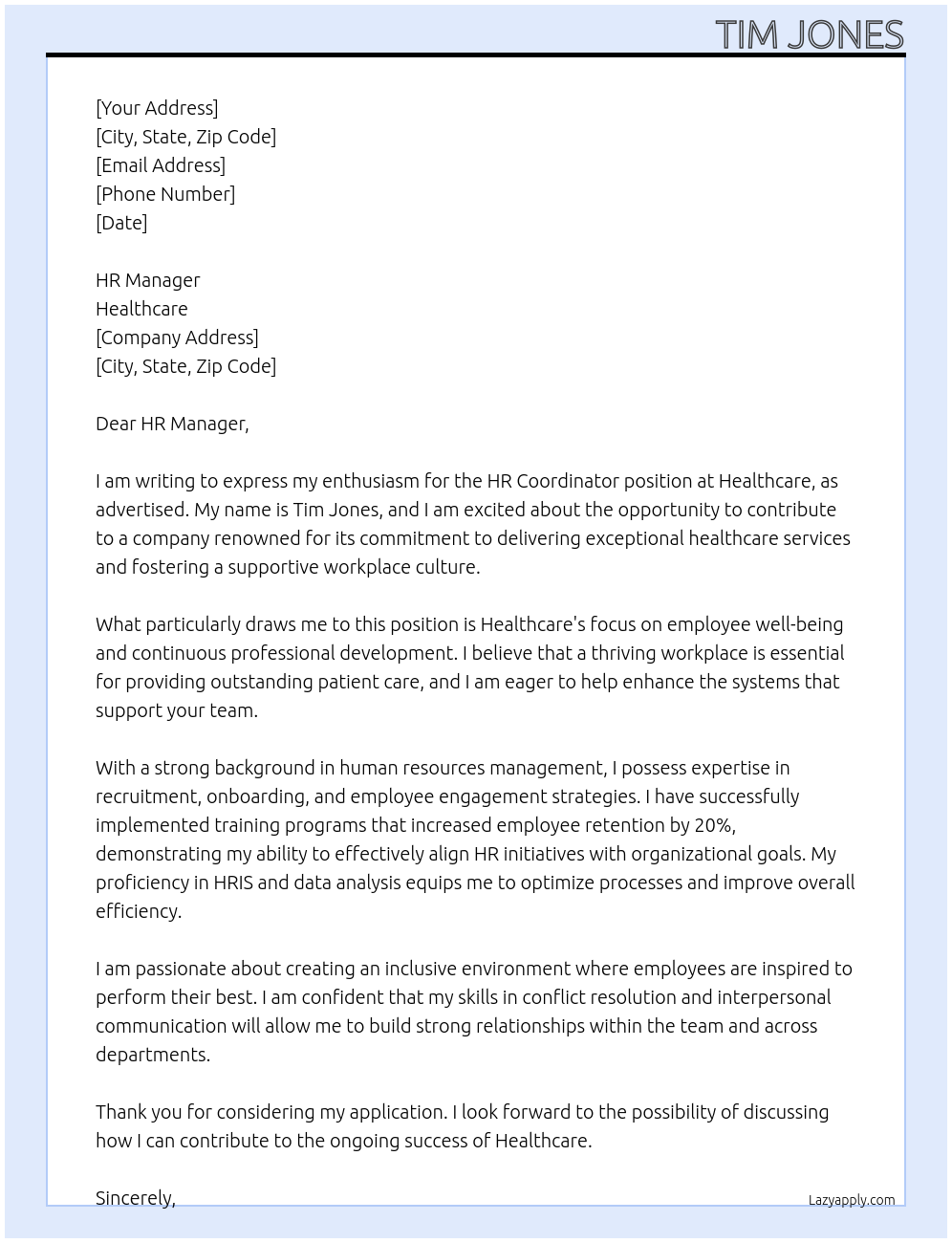 HR Coordinator At Healthcare Cover Letter