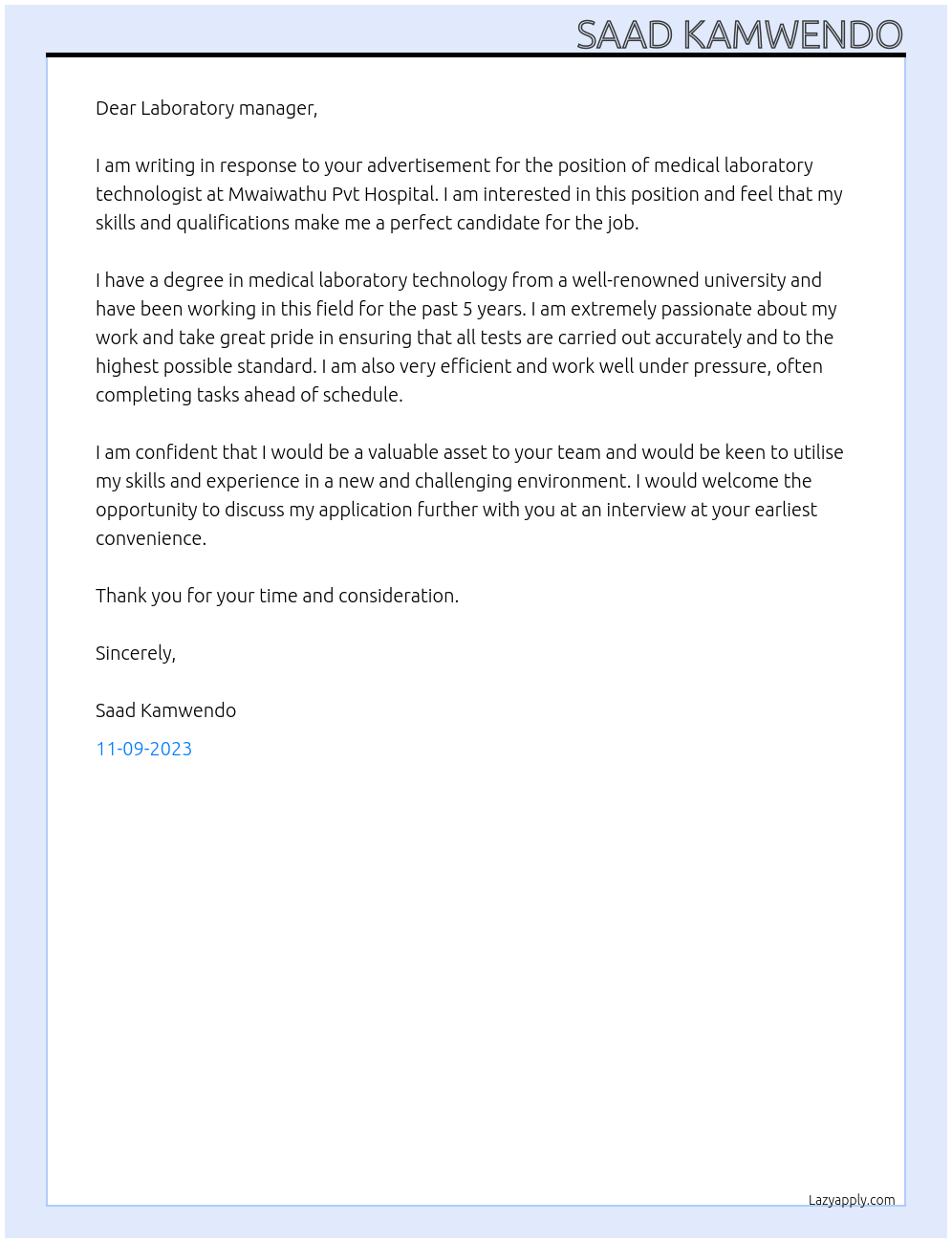 Medical laboratory technologist At Mwaiwathu Pvt Hospital Cover Letter