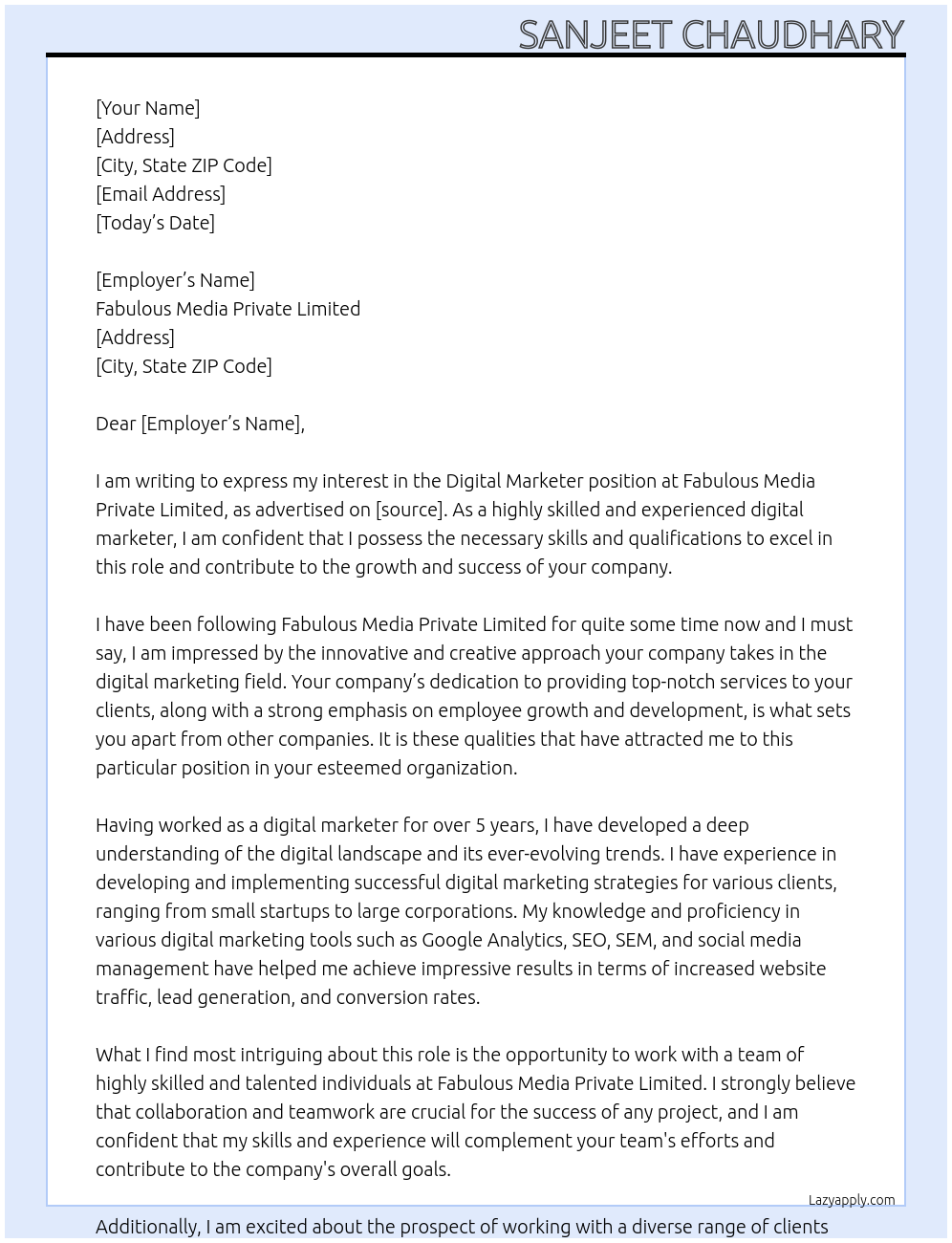 digital marketer At Fabulous Media Private Limited Cover Letter
