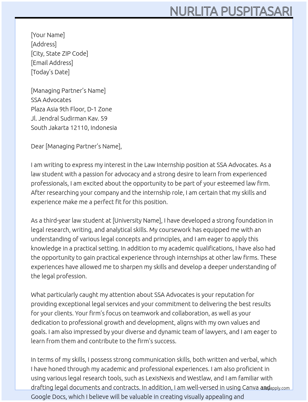 Law Internship At SSA Advocates Cover Letter