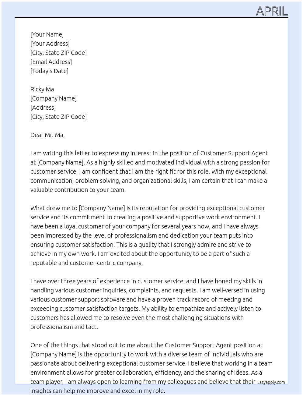 Customer Support Agent At 0 Cover Letter