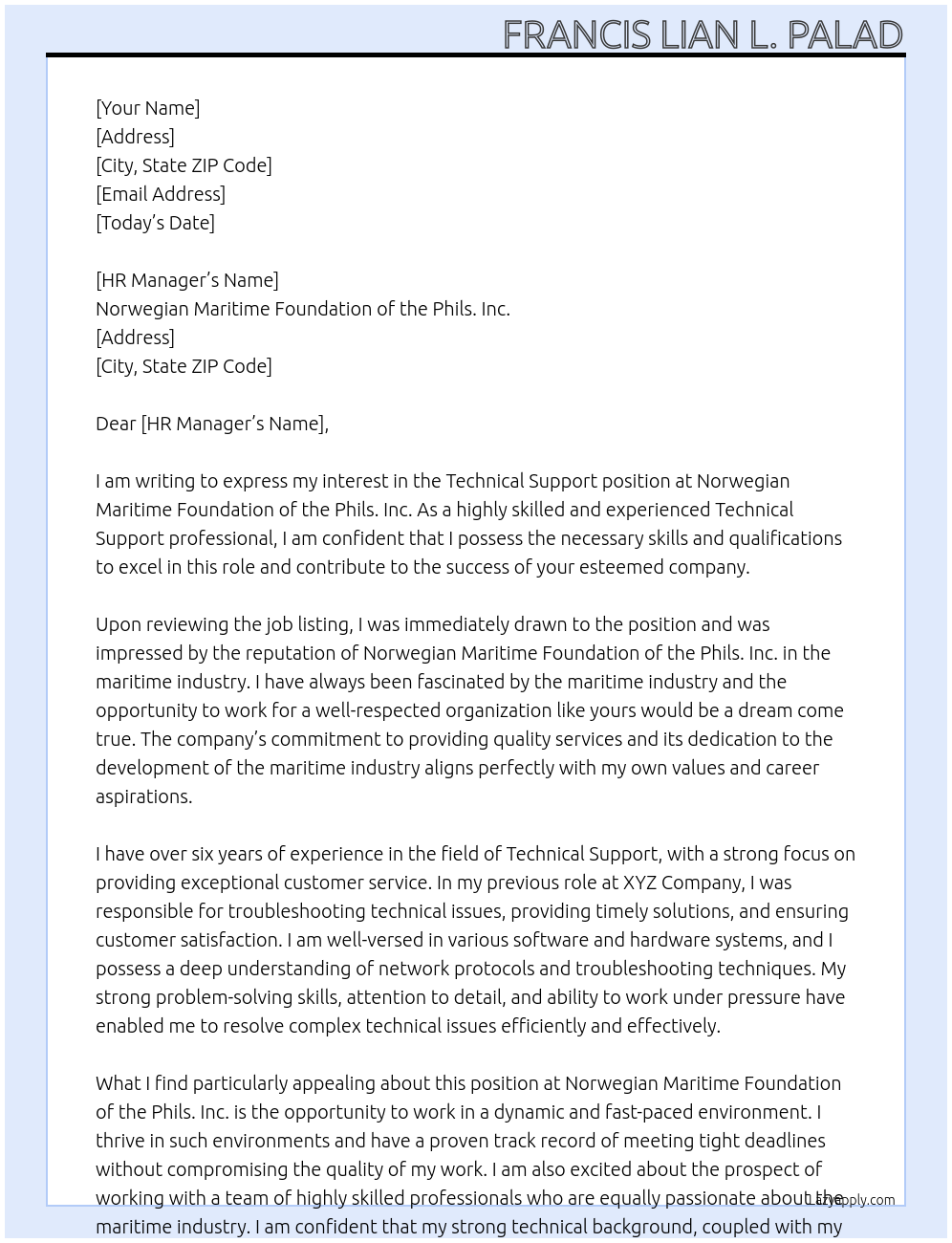 Technical Support At Norwegian Maritime Foundation of the Phils. Inc Cover Letter