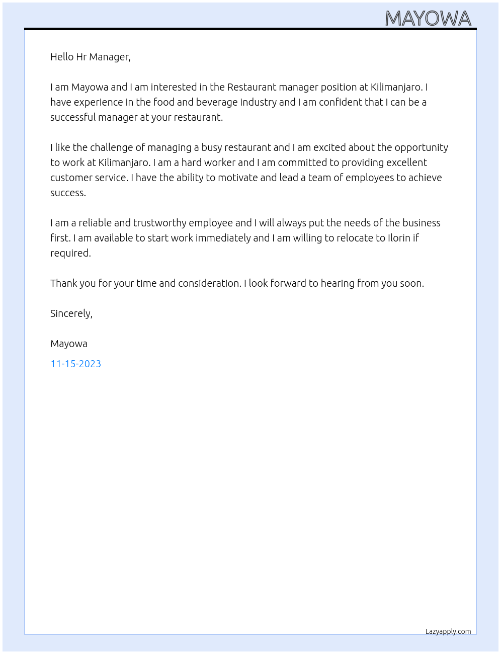 Restaurant manager At Kilimanjaro Cover Letter