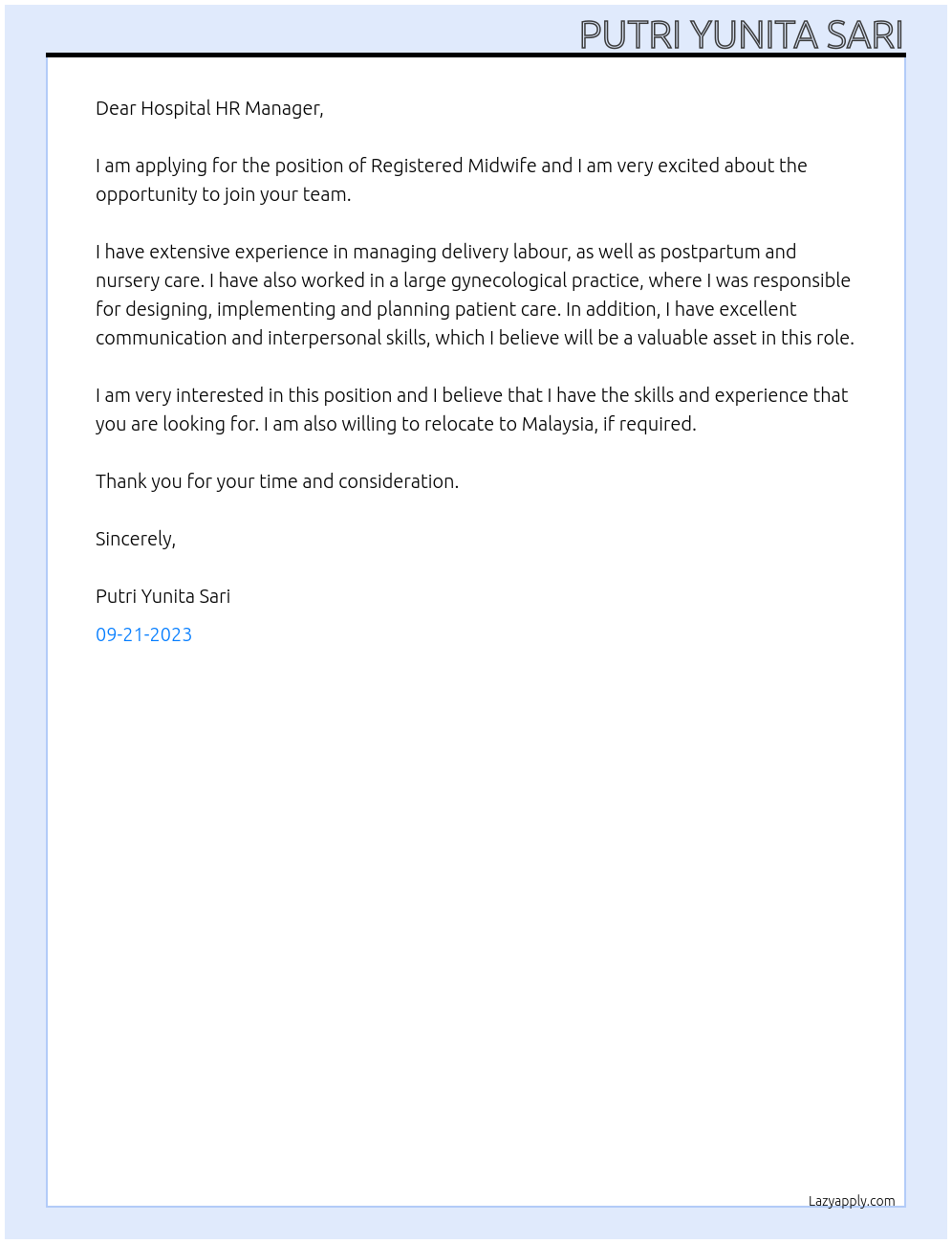 Registered midwife  At Hospital  Cover Letter