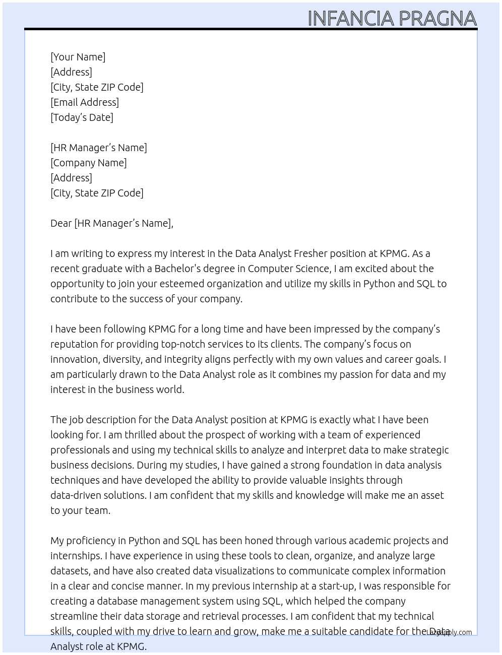 Data analyst fresher At kpmg Cover Letter