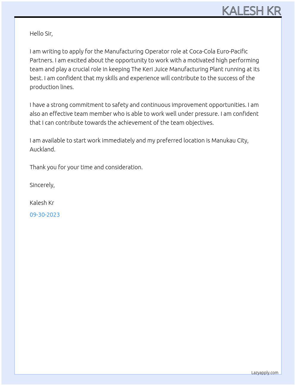 Manufacturing Operator At Coca-Cola Euro-Pacific Partners Cover Letter