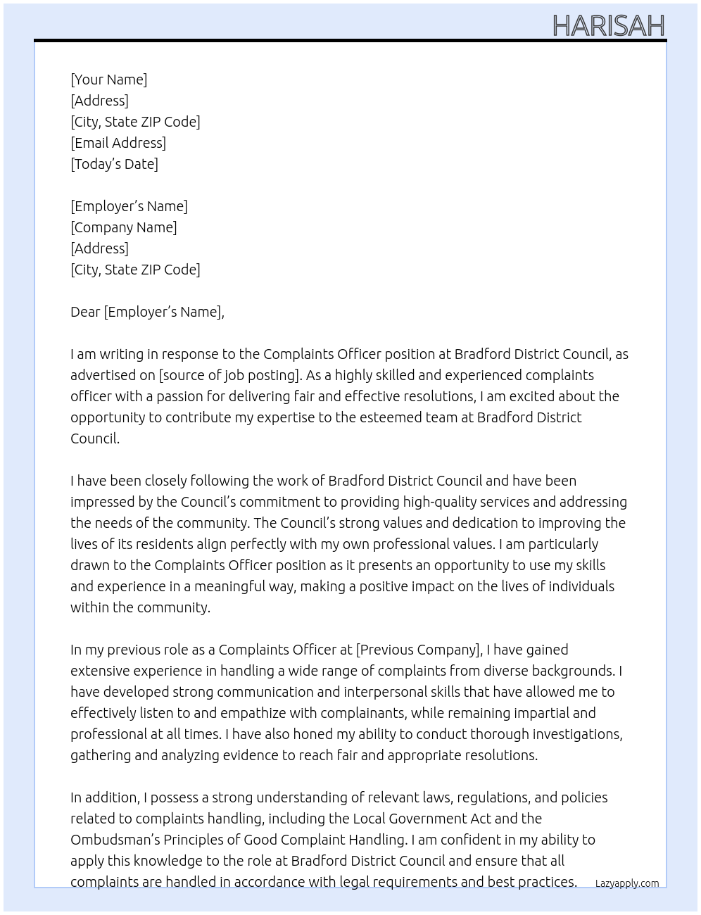 Complaints Officer At Bradford District Council Cover Letter