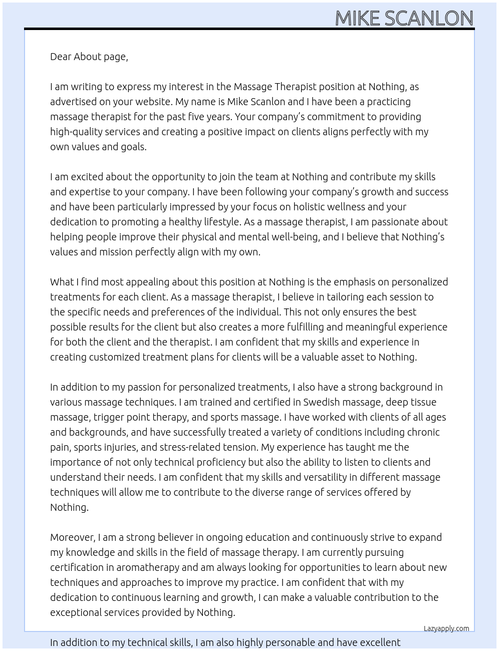 Massage Therapsit At Nothing Cover Letter