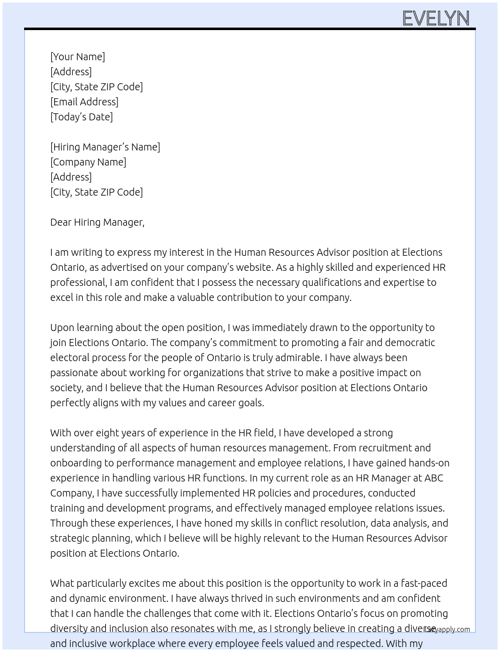 Human Resources Advisor At Elections Ontario Cover Letter