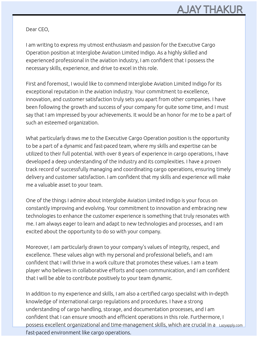Executive Cargo Operation At Interglobe Aviation limited Indigo Cover Letter