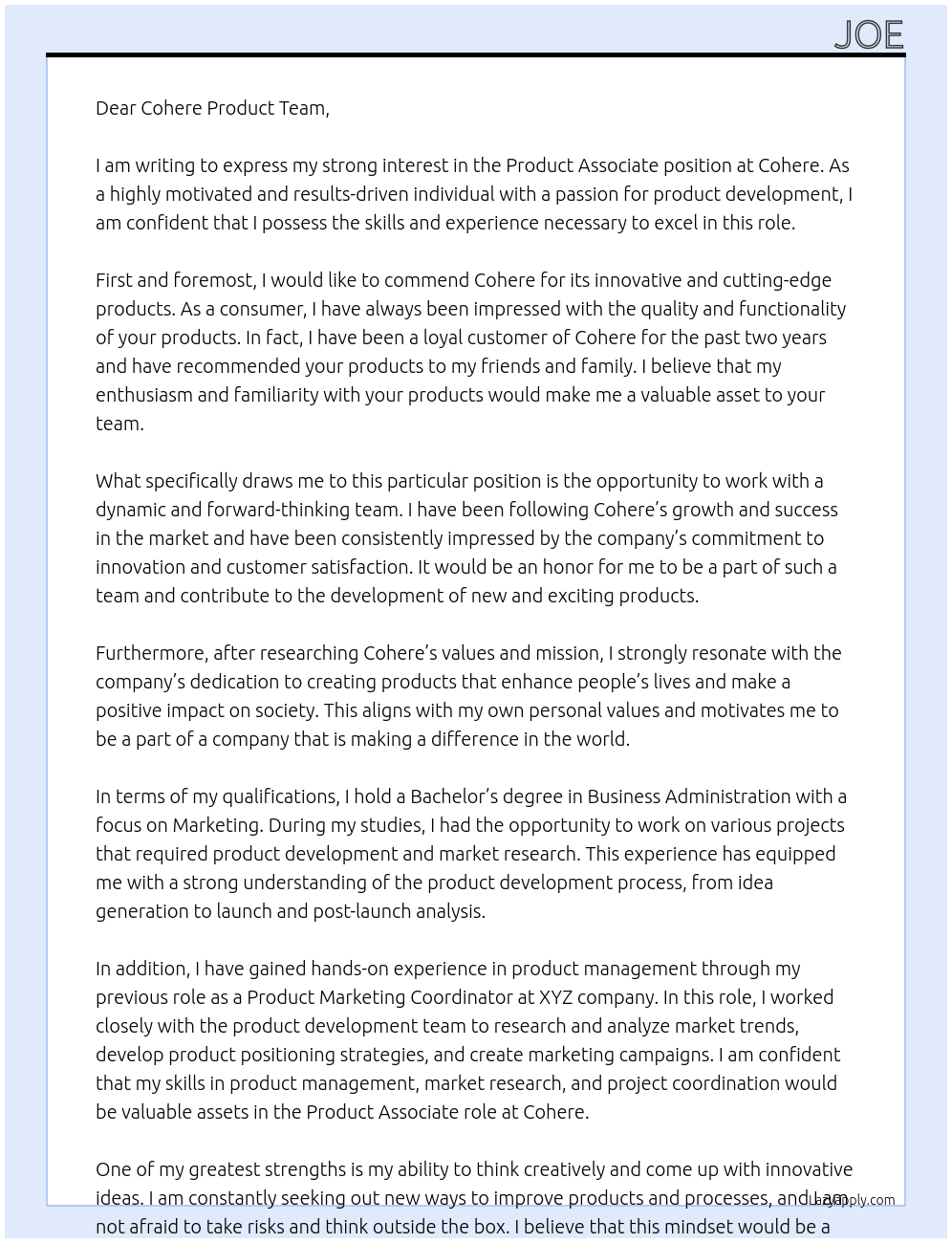 Product Associate At Cohere Cover Letter