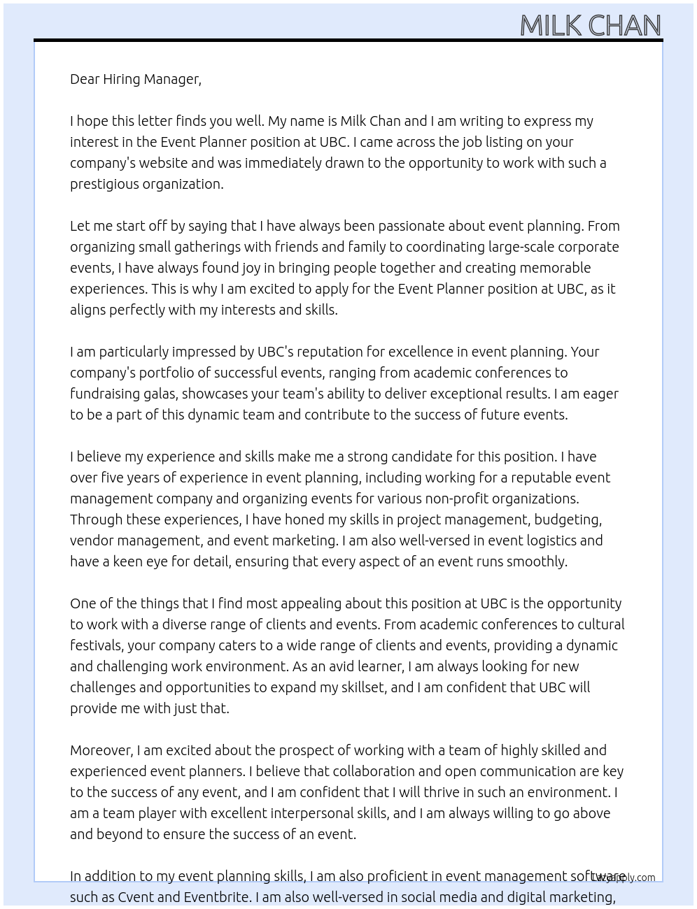 Event Planner At UBC Cover Letter