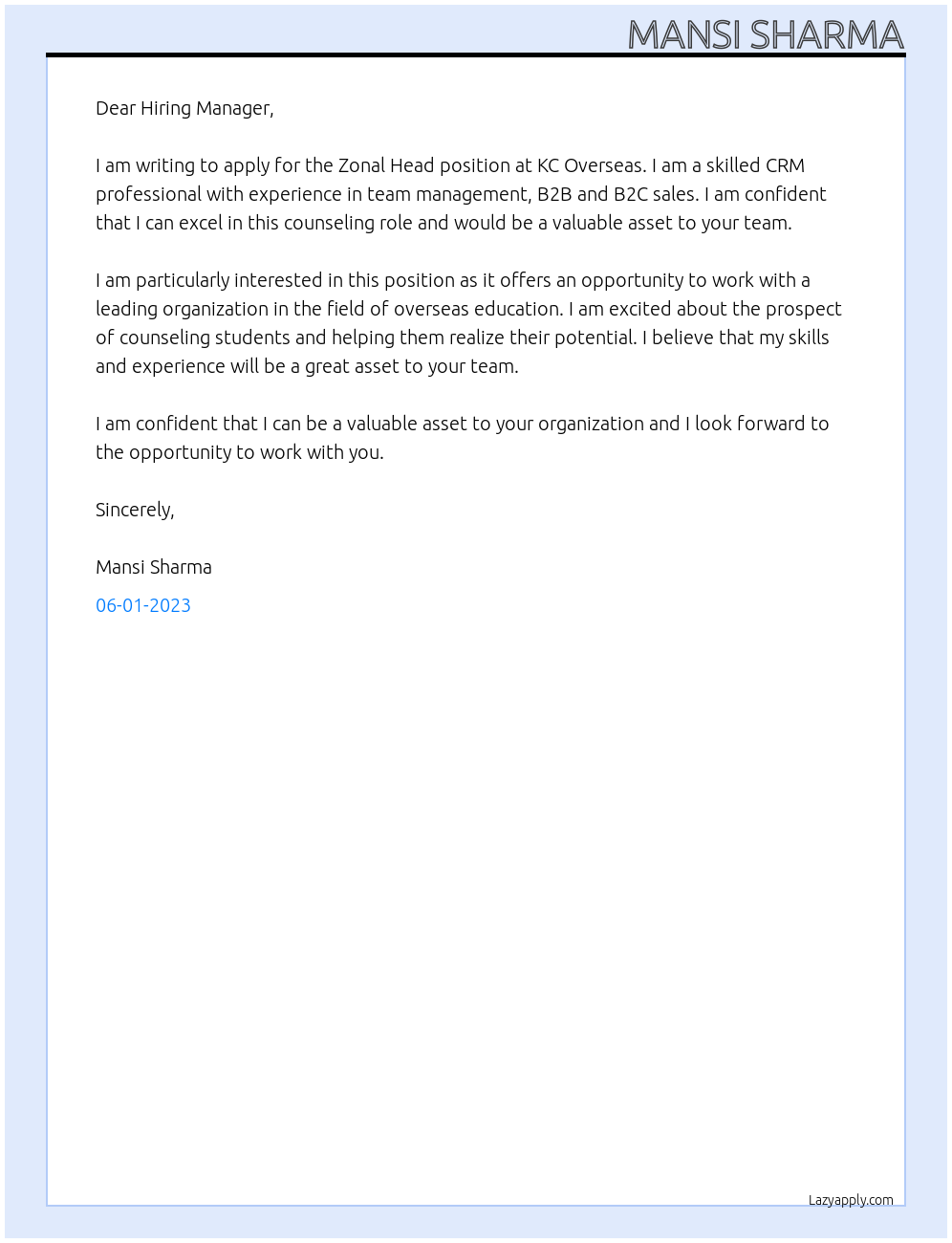 Zonal Head At KC Overseas Cover Letter