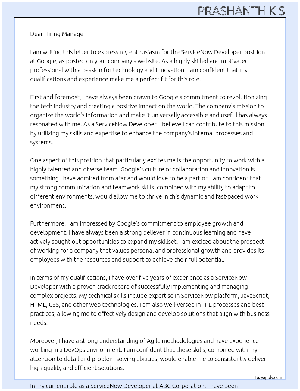 ServiceNow Developer At Google Cover Letter