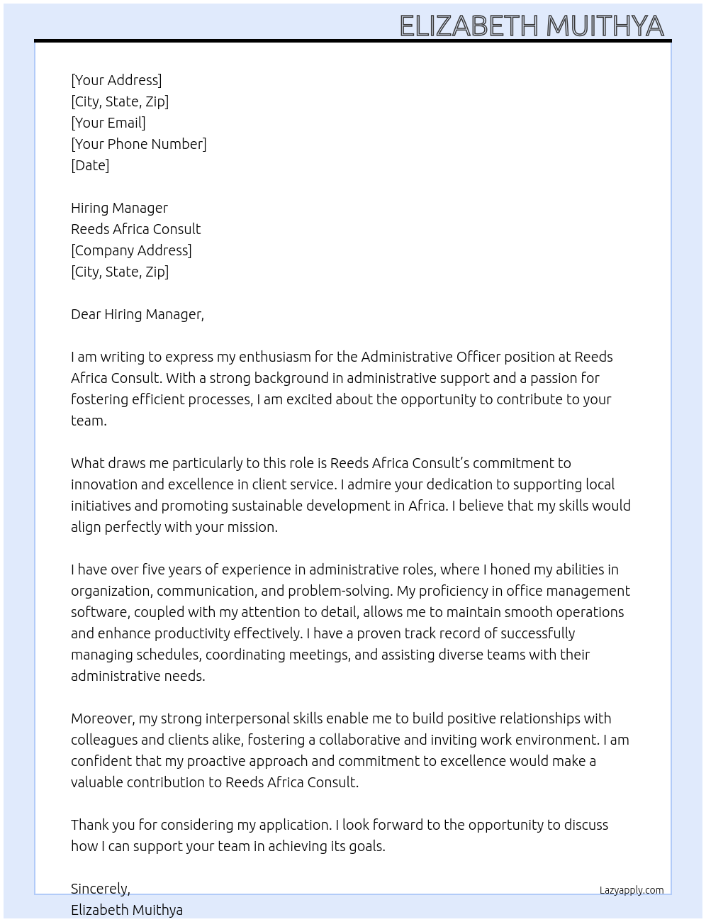 Administrative Officer At Reeds Africa consult Cover Letter