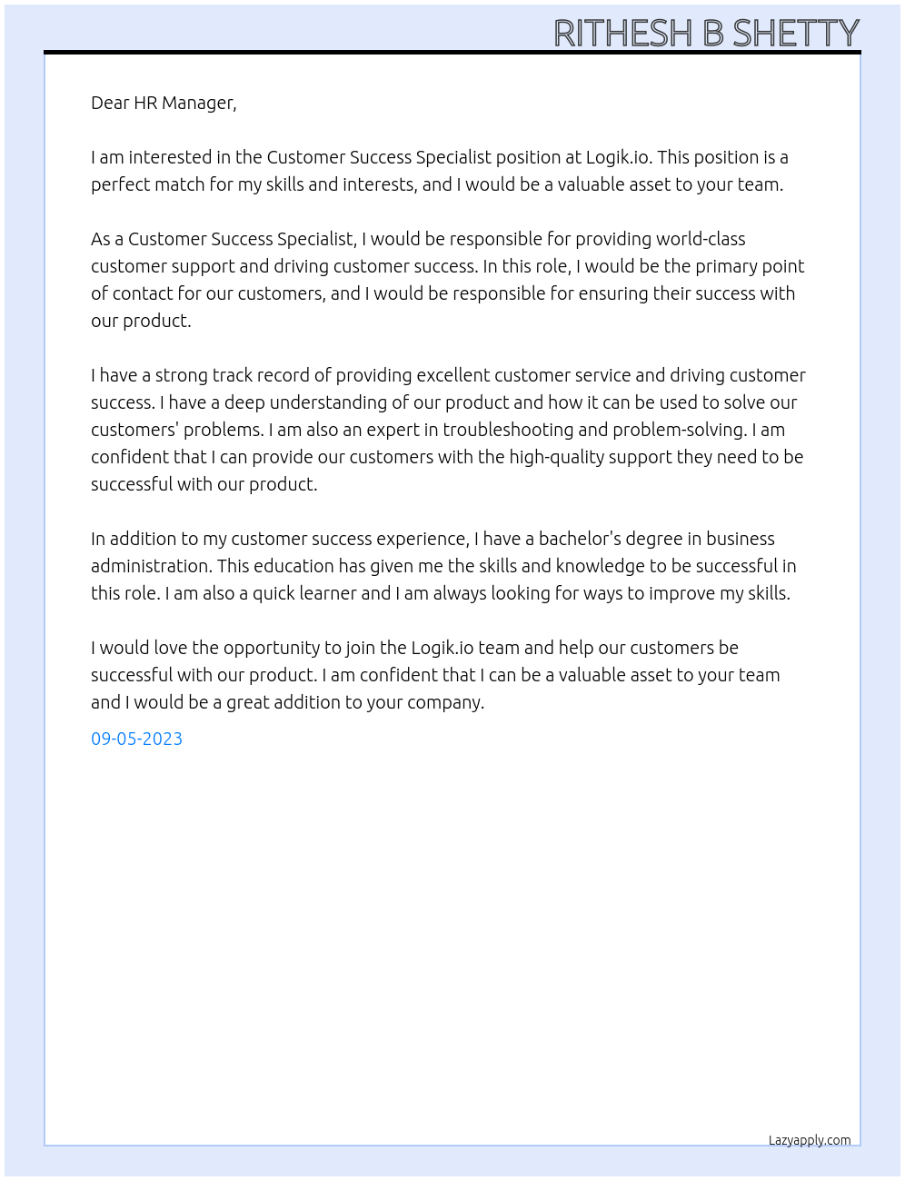 Customer Success Specialist At Logik.io Cover Letter