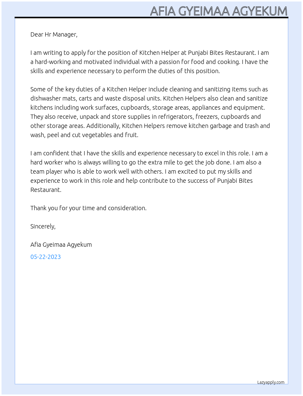 Kitchen Helper At Punjabi Bites Restaurant Cover Letter