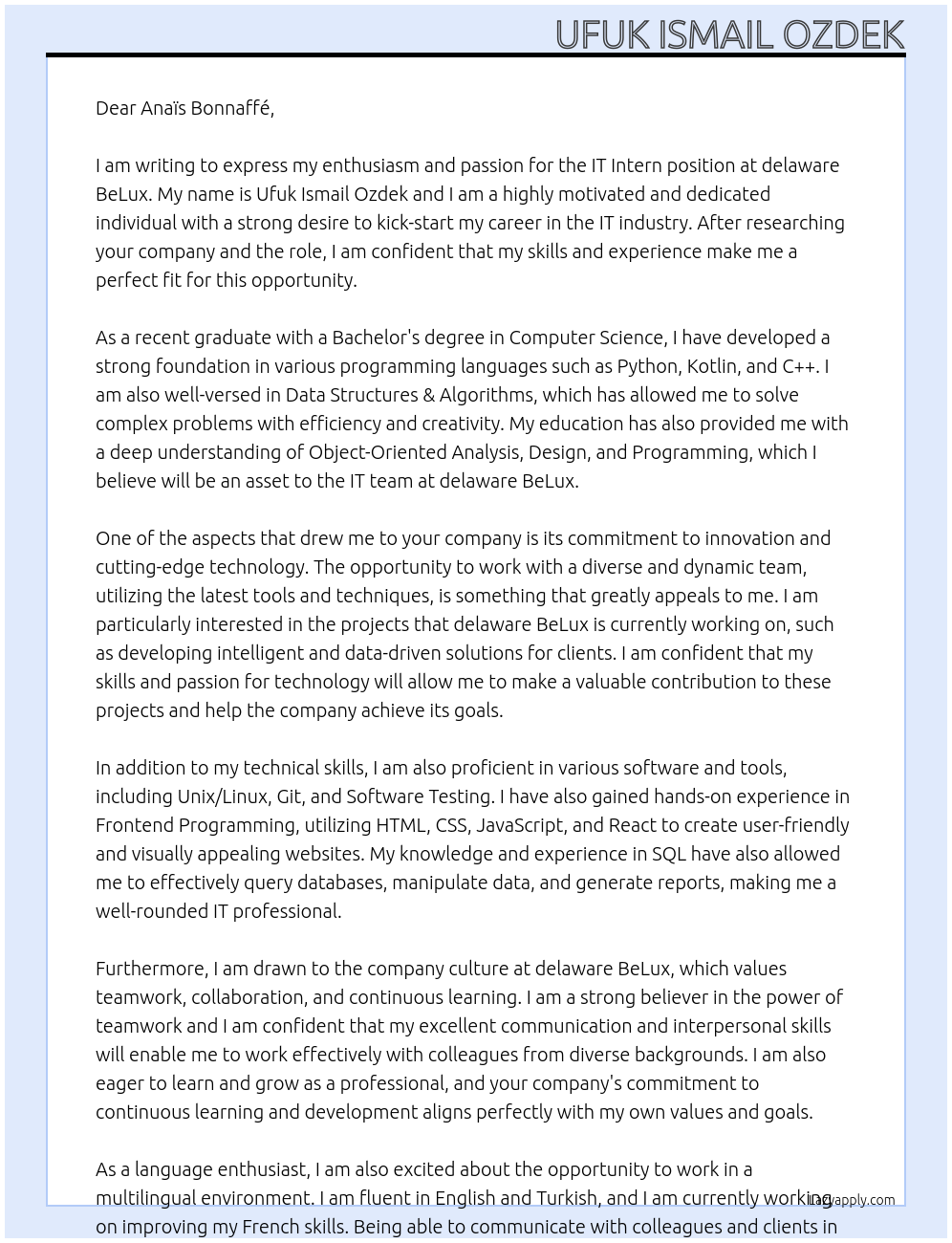 IT Intern At delaware BeLux Cover Letter