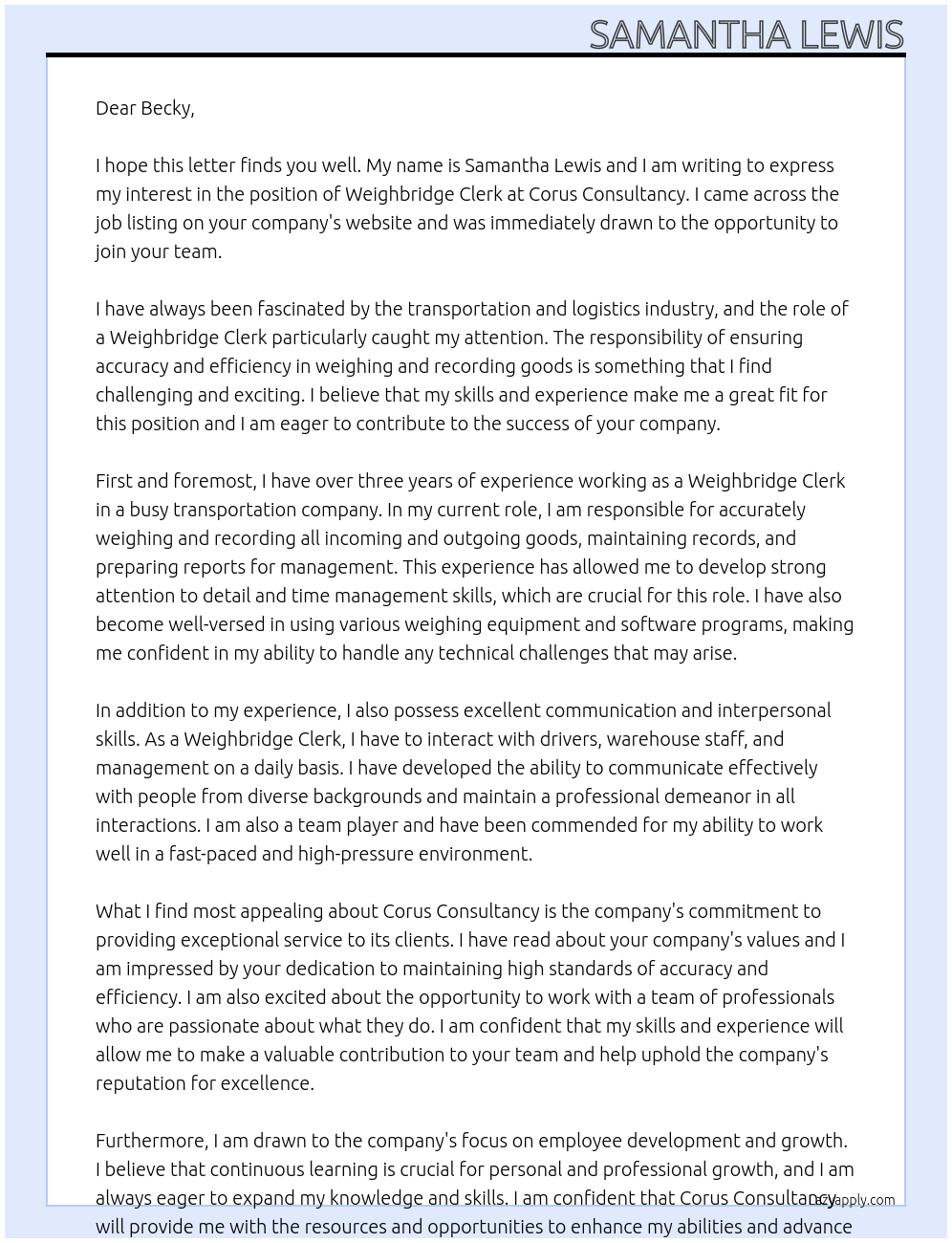 Weighbridge clerk At Corus Consulatancy Cover Letter