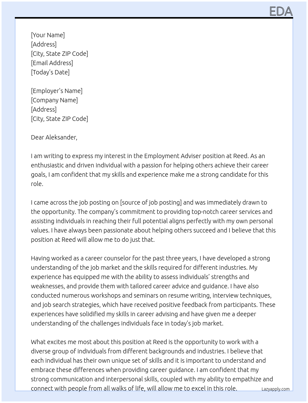  Employment Adviser  At Reed Cover Letter