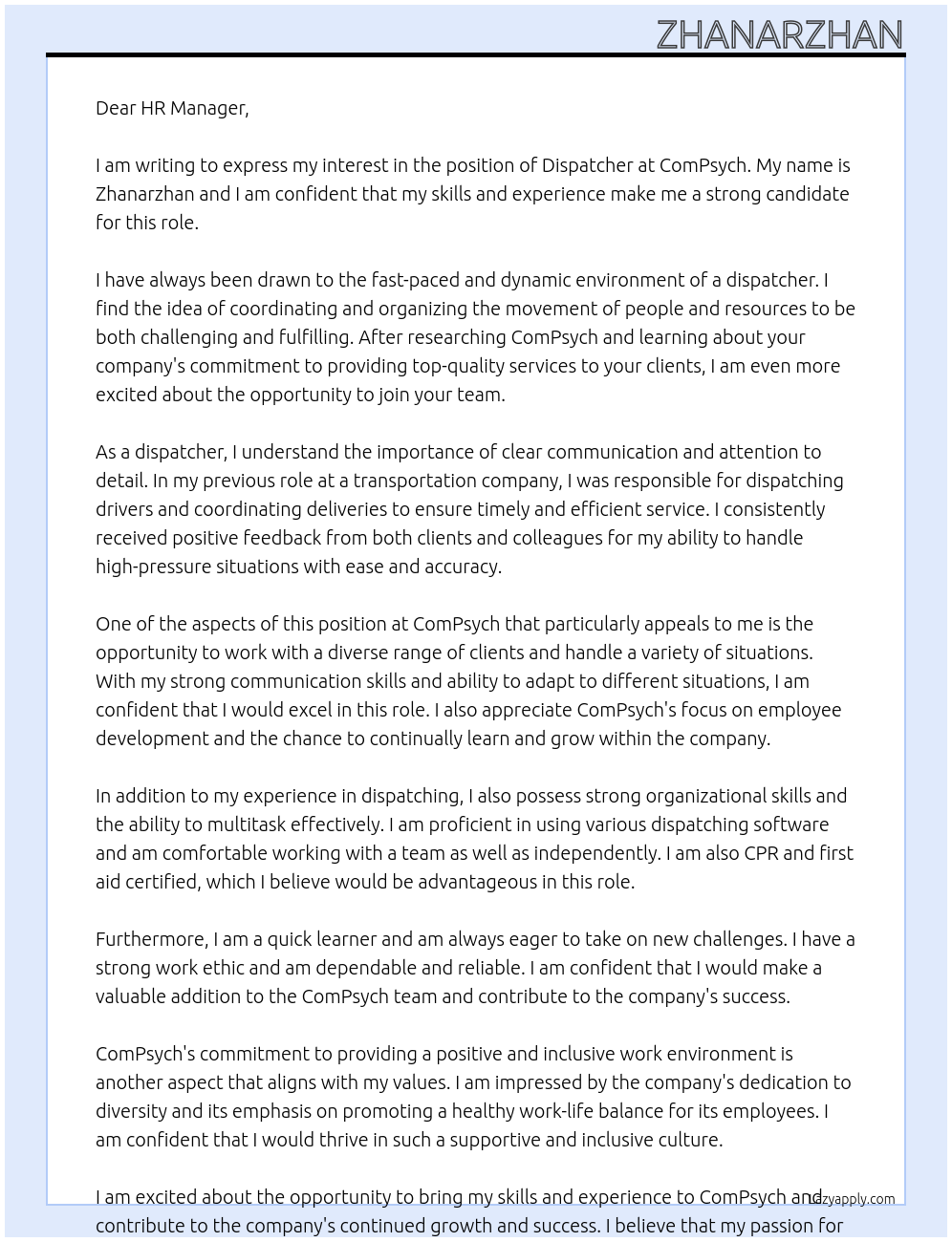 Dispatcher At ComPsych Cover Letter