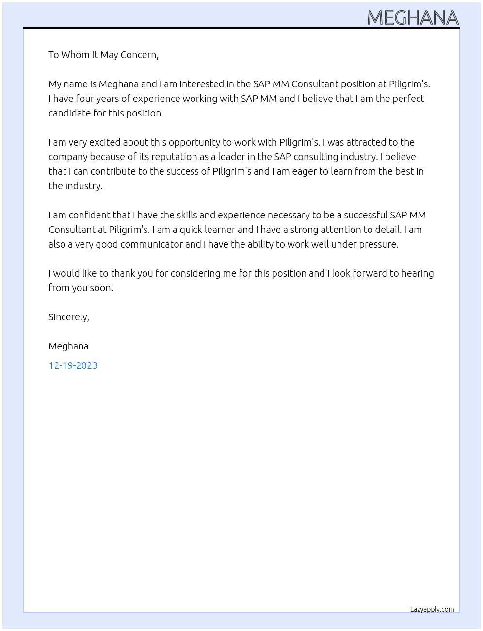 SAP MM Consultant At Piligrim's Cover Letter