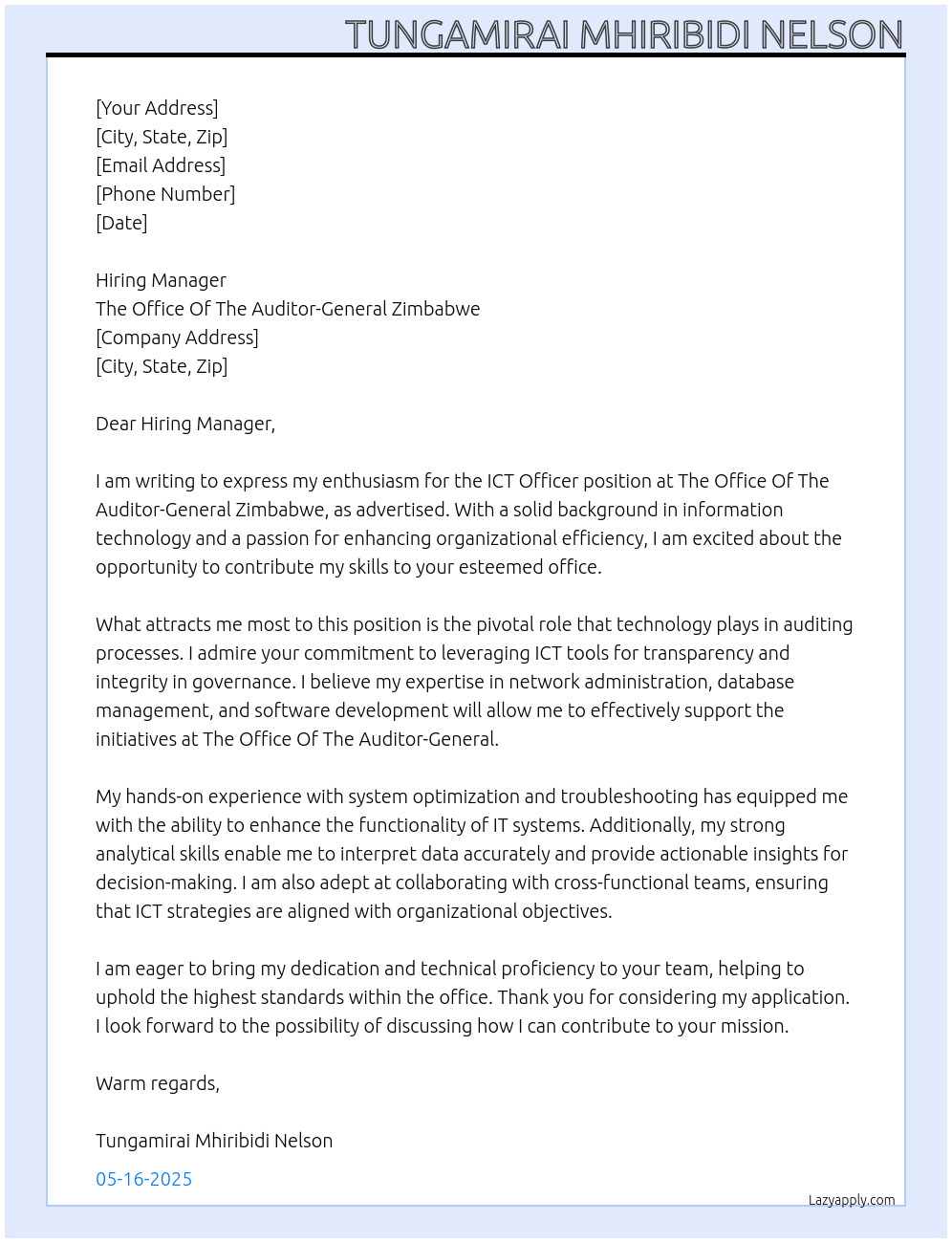 ICT Officer At The Office Of The Auditor-General Zimbabwe Cover Letter