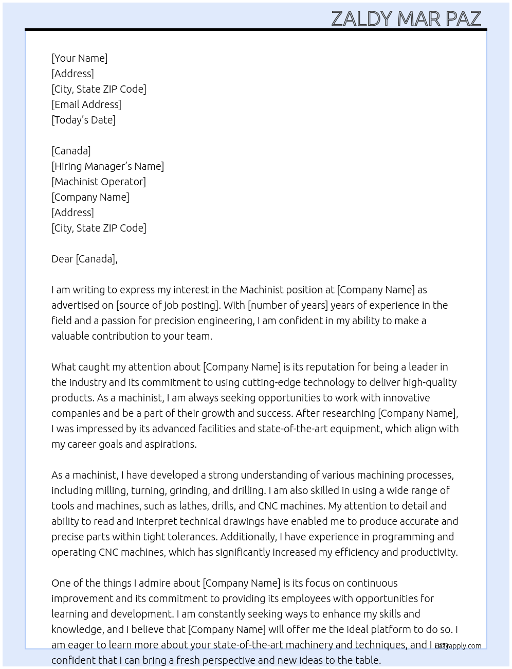 Machinist  At Machinist operator  Cover Letter