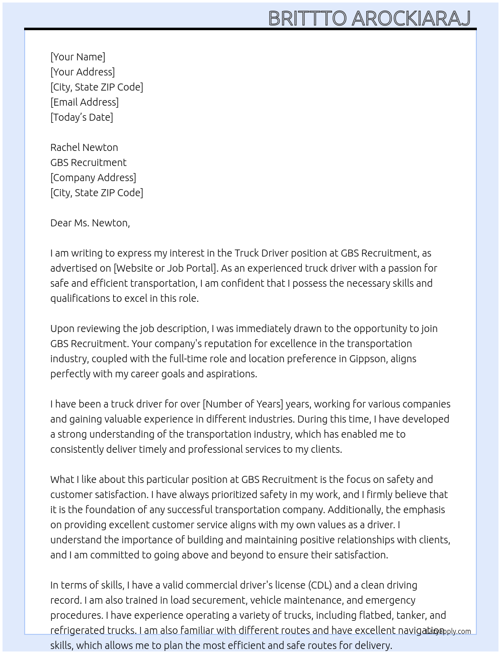 Truck driver At gbs Recrruitment Cover Letter