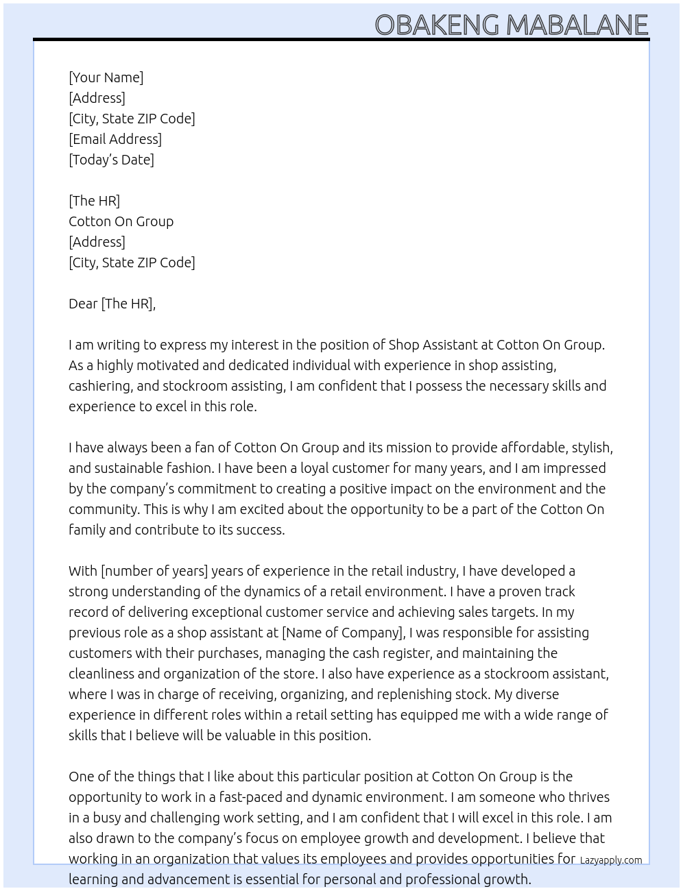 Shop assistant At Cotton on group Cover Letter