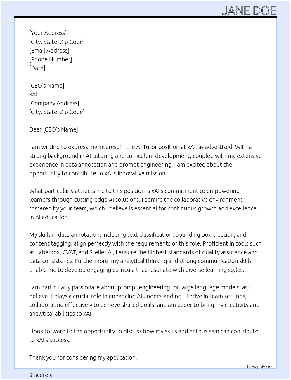 AI TUTOR At xAI Cover Letter