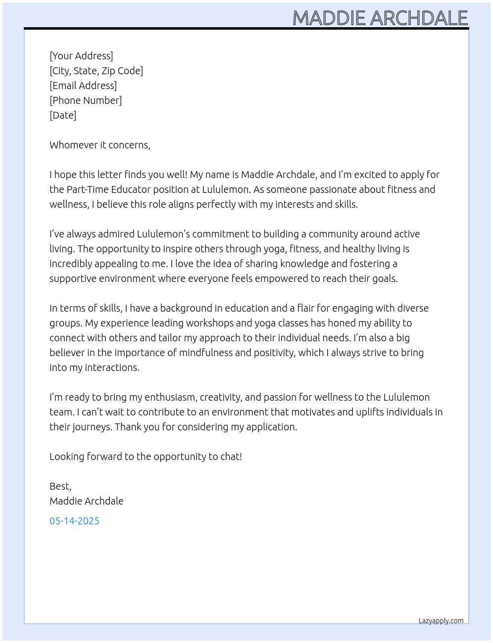 Part time educator At Lululemon Cover Letter