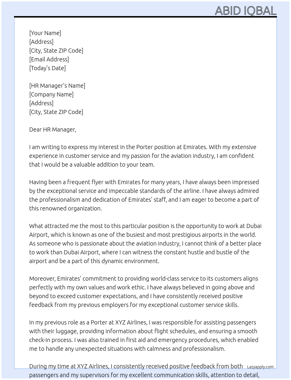 Porter At Emirates Cover Letter