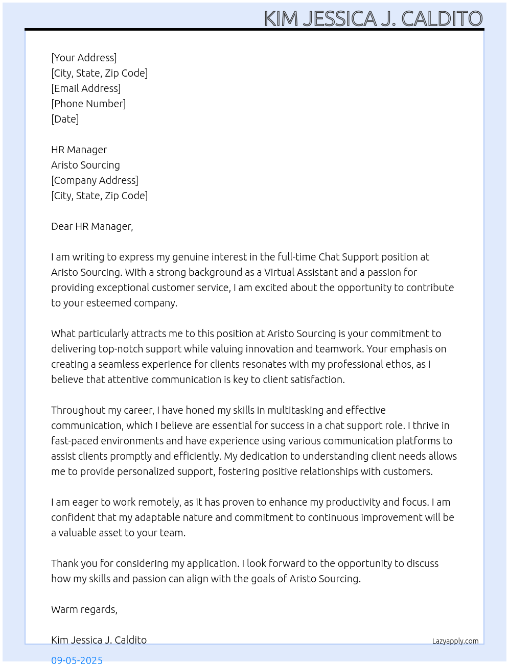 Cover letter for chat support - LazyApply