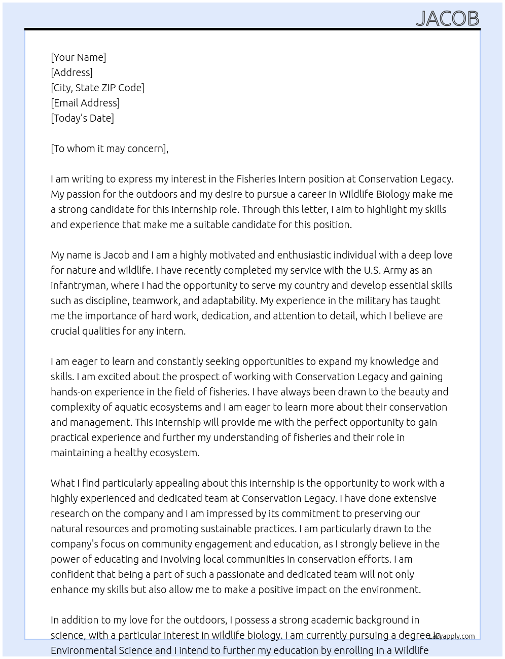 Fisheries Intern At Conservation Legacy Cover Letter